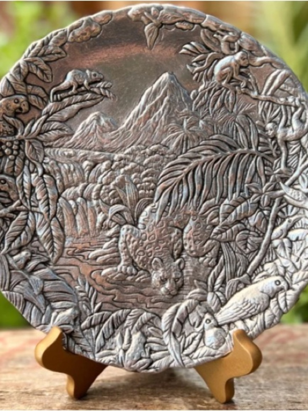 Handcrafted Jungle Relief Decorative Plate in Bronze Finish